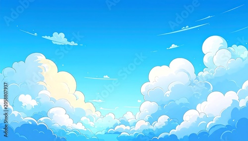 Bright Fluffy Clouds Floating in Clear Blue Sky Background