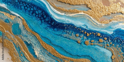 Aerial view of abstract river patterns with vibrant blue and golden colors in a stunning landscape rich in natural textures and organic forms
