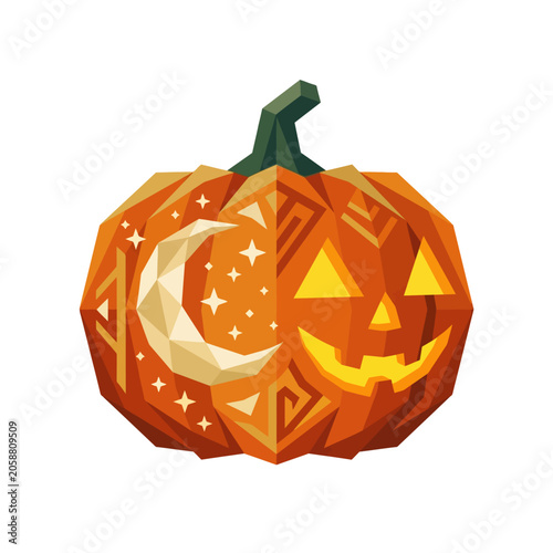Vibrant Geometric Halloween Pumpkin Icon with Intricate Carved Face and Celestial Moon Stars Design, a Modern Stylized Autumn Festive Illustration for Holiday Celebrations