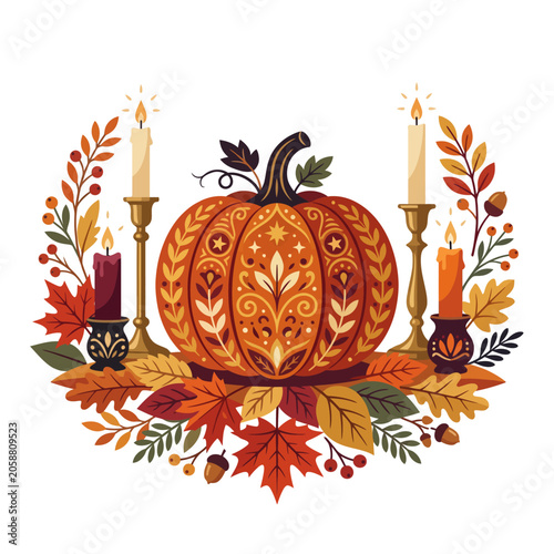 Ornate Harvest Pumpkin with Autumn Leaves and Candles - Festive Fall Decor