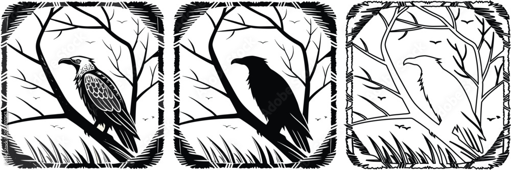 Fototapeta premium Vintage raven or crow on tree branch linocut style silhouette illustration set
