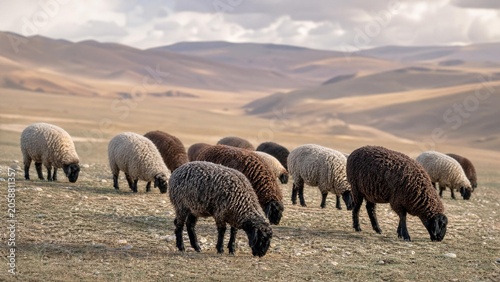 Karakul sheep with curly hair grazing on arid foothill grasslands in Central Asia.