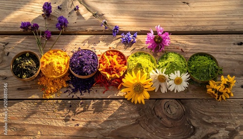Colorful Natural Pigments and Wildflowers Arranged on Rustic Wooden Table