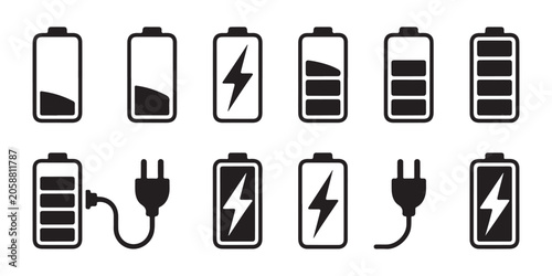 Obraz na płótnie Battery charge icon set for mobile phone and electronic device status interface flat black graphic