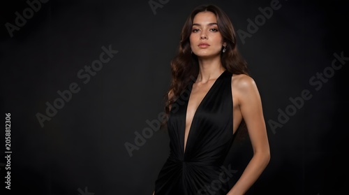 Elegant Young Woman in Black Evening Gown Posing in Studio