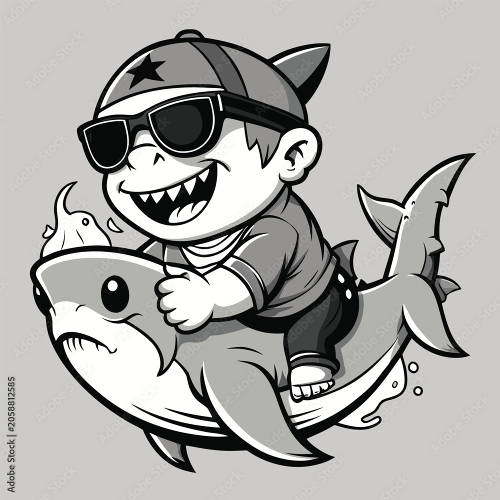 Naklejka premium Whimsical child with sunglasses rides a cartoon shark during summer fun
