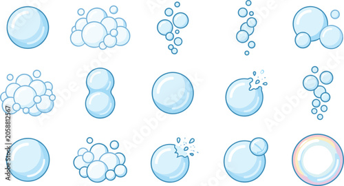 Foto Soap bubble collection illustration featuring floating foam bubbles water splash