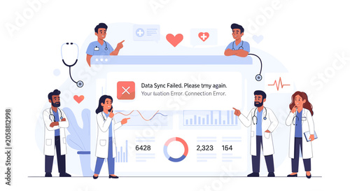 Bilde på lerret Medical team experiencing a data synchronization error on a digital hospital dashboard interface