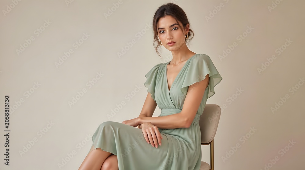 Obraz premium Elegant Young Woman in Sage Green Dress Posing Gracefully on Beige Chair