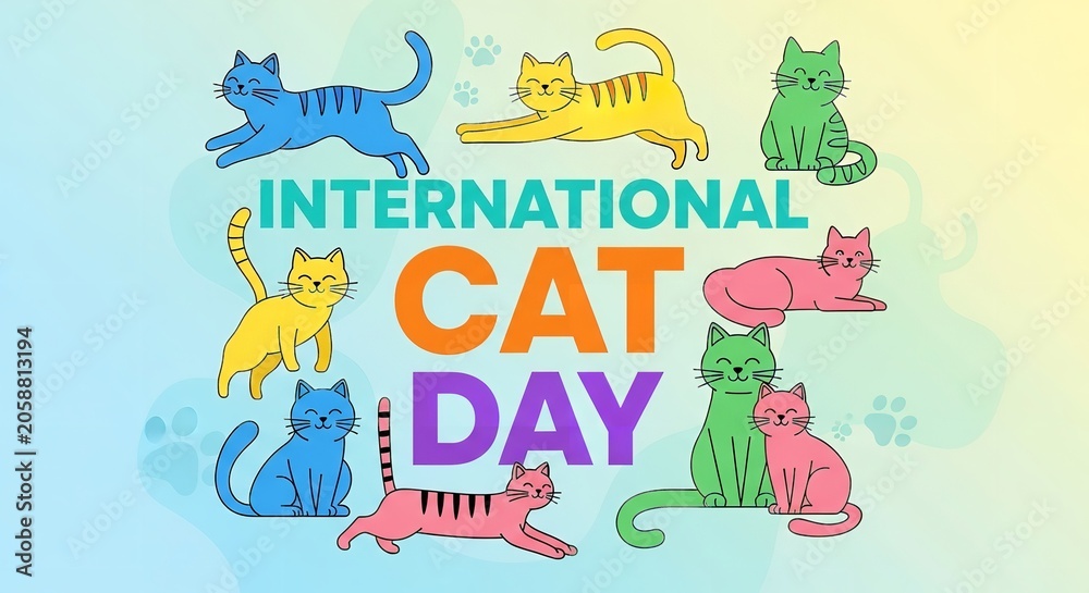 Fototapeta premium International cat day greeting card with colorful cartoon cat illustrations