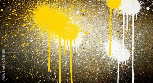 Abstract grunge background with yellow and white paint splashes and drips on a textured dark surface