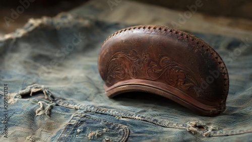 A solitary saddle cantle resting on worn denim fabric, symbolizing a journey's pause.