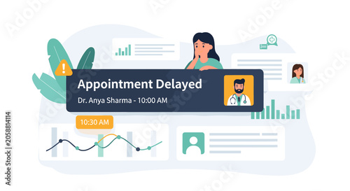 Fotografie Flat vector illustration of a medical appointment delayed notification with a worried patient and doctor profile
