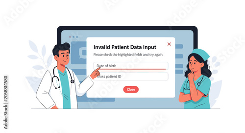 Εκτύπωση καμβά Medical professionals looking at a computer screen showing an invalid patient data input error message