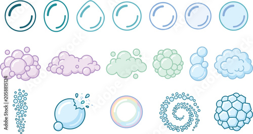 Foto Bubble and foam effect collection featuring soap bubbles cloud lather cleaning e