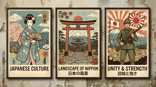 Canvastavla Triptych of Vintage Japanese Propaganda Posters: Geisha, Landscape with Torii Ga