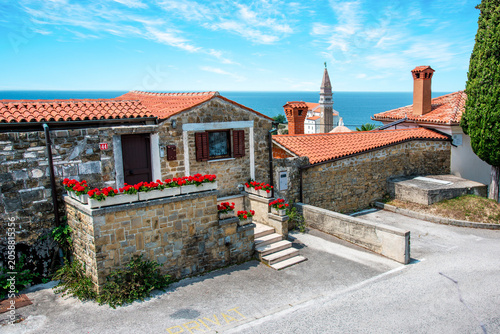 Beautiful landscape with a cozy little house with flowers in in Piran, Slovenia. Amazing places.
