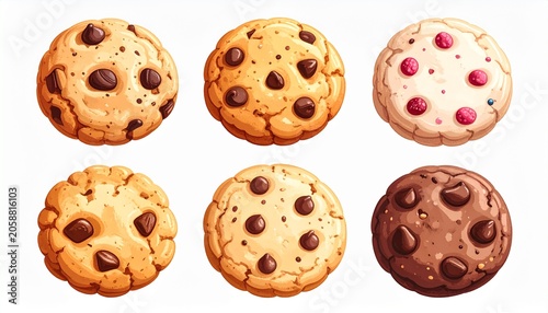 Variety of Freshly Baked Chocolate Chip Cookies Isolated on White Background, Sweet Dessert Collection, Generative AI