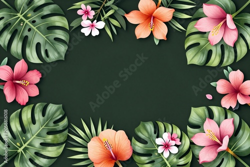 A dark green background with pink flowers and green leaves