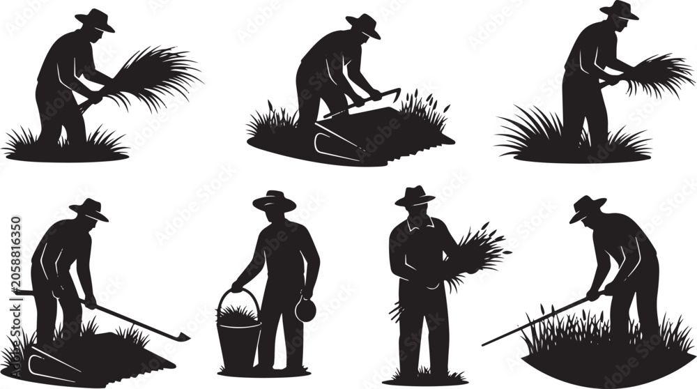 Obraz premium Farmer silhouette set featuring agricultural workers harvesting rice and using traditional manual farm tools.