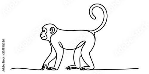 Photography Continuous single line drawing of a cute monkey walking in a simple minimalist s