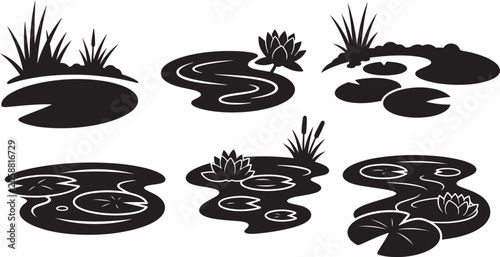 Floating water lily pads and lotus flower silhouette icons for nature landscape and aquatic garden design set.