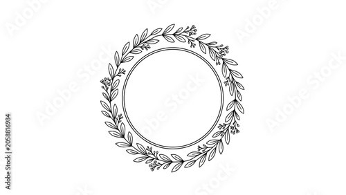Hand-drawn botanical wreath with delicate leaves and small flowers, circular frame, black and white illustration