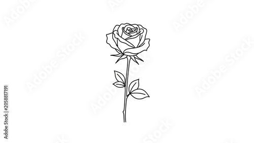 Minimalist Black and White Line Art Drawing of a Single Rose Flower on a White Background