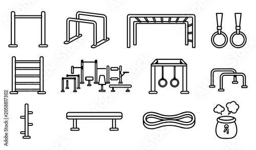 Fotografía Calisthenics Equipment and Outdoor Gym Silhouette Icon Set