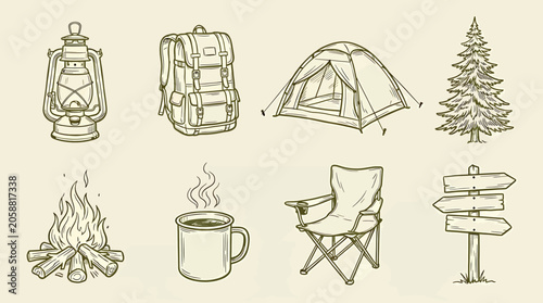 Set of camping equipment icons, hand drawn vector illustration of outdoor gear, lantern, backpack, tent, pine tree, campfire, coffee mug, chair, signpost