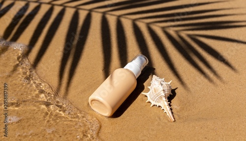 Top View of Sunscreen Bottle Mockup on Wet Beach Sand with Ocean Wave Ripples, Palm Leaf Shadow and Shell, Organic SPF Skincare Spray Packaging on Tropical Beach, Summer Sun Protection Cosmetic Brand
