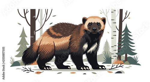 Honey badger in snowy forest habitat.