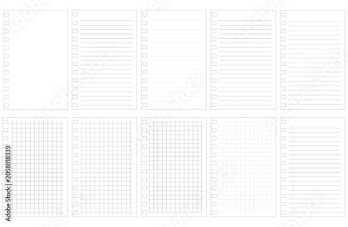 Foto Notebook, loose-leaf paper, and memo pad set with square perforations, transparent background, grid, dotted lines, and regular lines
