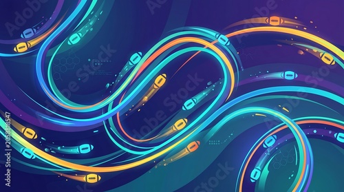 Vibrant neon particles swirl in dynamic motion creating futuristic abstract pattern
