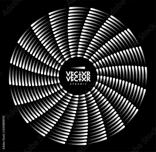 Black and white rotating blade of an industrial turbine fan. Dynamic circular motion. Mechanical ventilation system. Vector illustration for industrial design and renewable energy technologies.
