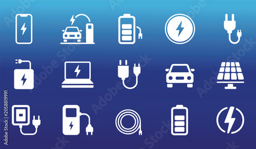 Technology and Energy Icon Set Featuring Power, Battery and Electronic Device Symbols
