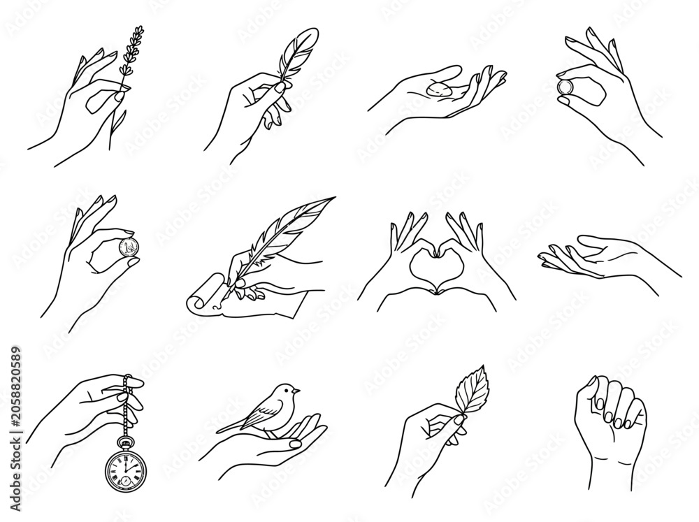 Fototapeta premium Elegant collection of hand line art illustrations featuring various delicate gestures and small symbolic objects