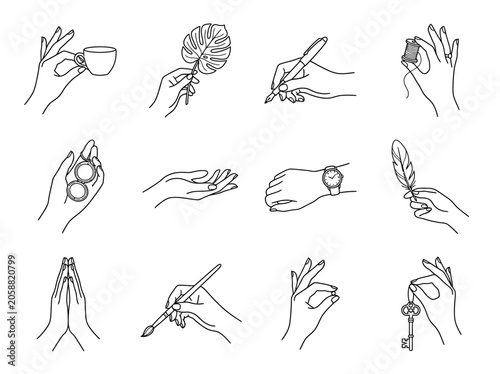 Minimalist line art collection featuring various elegant hand gestures holding diverse everyday objects and creative tools