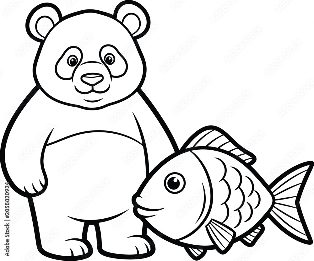 Obraz premium Cute panda bear standing next to a friendly fish cartoon illustration