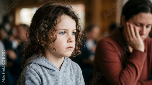 Emotional image of a serious toddler boy with curly hair and his anxious mother in the living room.