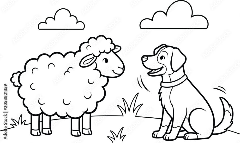 Fototapeta premium Charming black and white illustration of a sheep and a golden retriever facing each other in a field