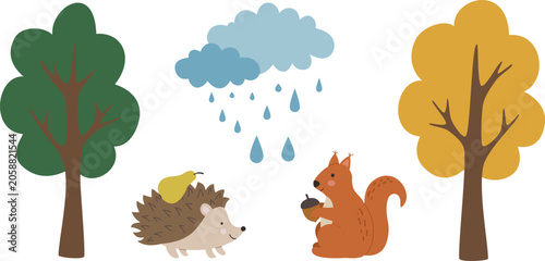Cute autumn forest elements set. Vector cartoon squirrel, hedgehog and trees