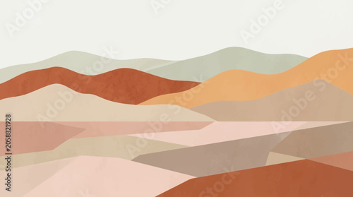 Abstract desert landscape featuring rolling hills with warm earth tones and a soft paper texture background