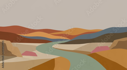 Minimalist abstract landscape illustration featuring rolling hills and a winding river with warm earth tone colors