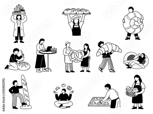 Diverse set of black and white vector illustrations depicting people working in a local bakery shop