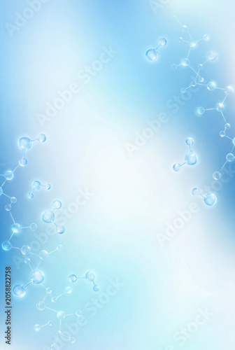 Bubbles and water molecules are shown in an abstract design. The background is light blue and blends with the shapes. This scene gives a feeling of science and fluidity