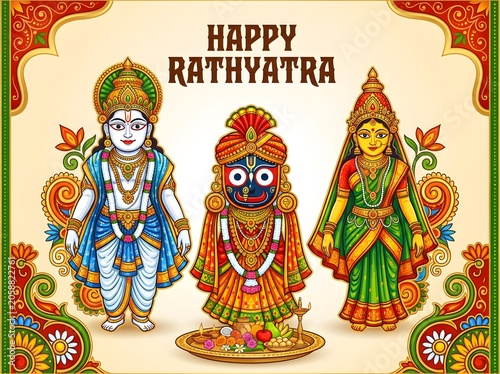 Illustration of lord jagannath balabhadra and subhadra with offerings for happy rathyatra celebration.