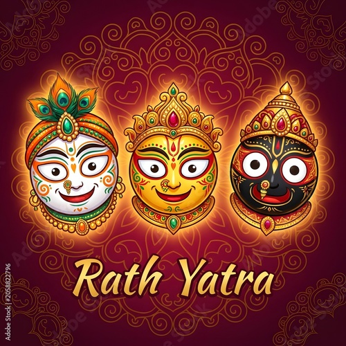 Close up artistic portrait of three deity faces for rath yatra celebration on dark background design.