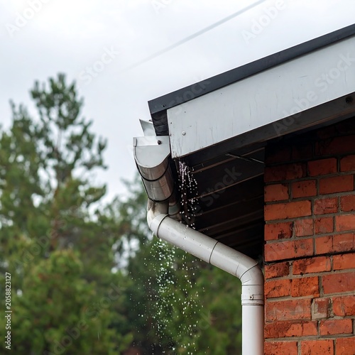 Rainy House Gutter Dripping Water Beside Red Brick Wall Outdoors