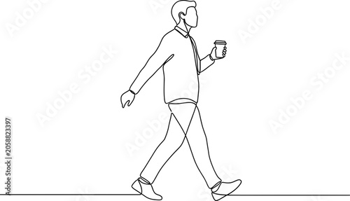 Schilderij op canvas Man walking with coffee cup, continuous line drawing, business casual style